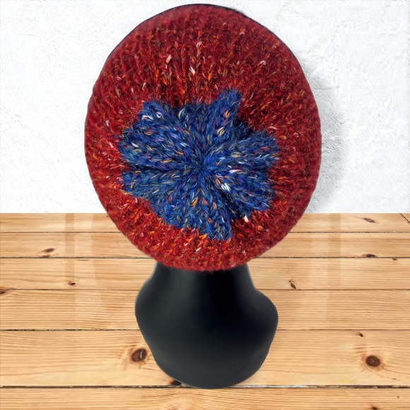 Handmade Cotton Alpaca Tweed Knit Blue Denim & Strawberry Red Unisex Beanie - Picture 6 of 10